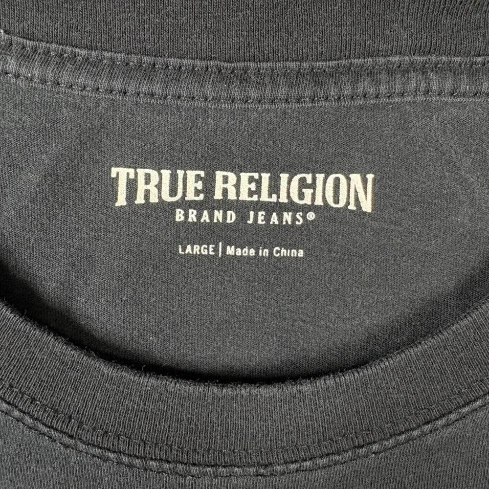 True Religion Mens Black Buddha Guitar Graphic T-Shirt Large Short Sleeve Tee